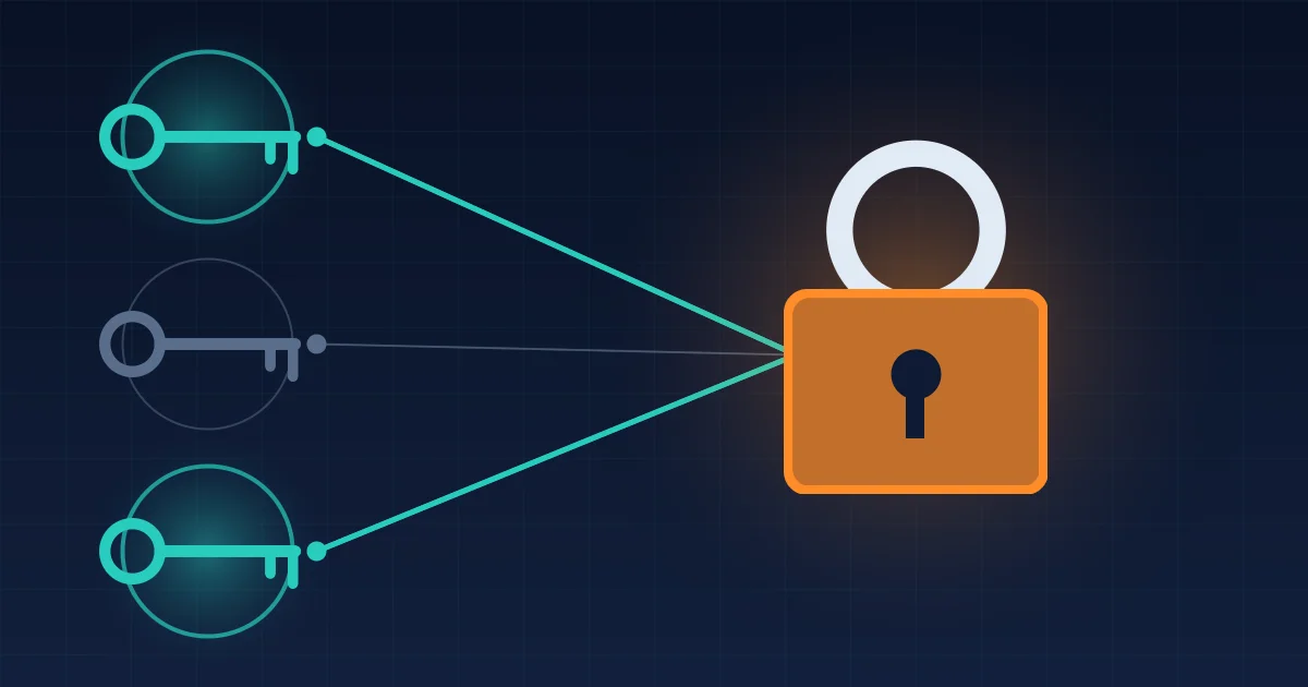Tre chiavi astratte che convergono su un'unica serratura, simbolo di un wallet multisig bitcoin 2-di-3