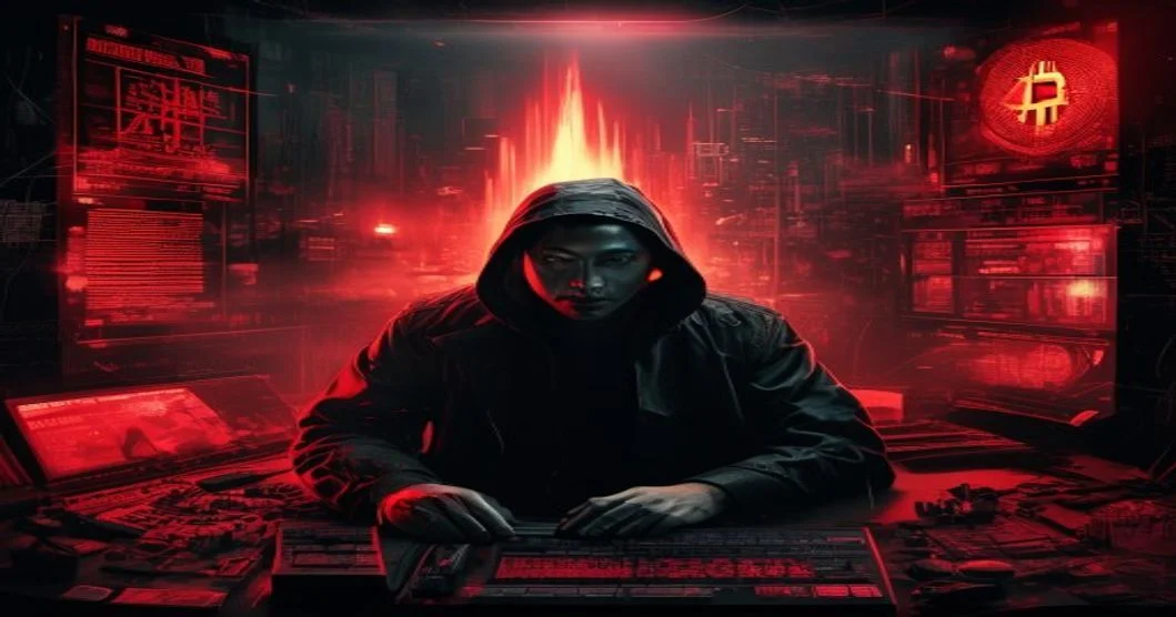 Illustrazione astratta del Lazarus Group nordcoreano: bandiera DPRK e simboli Bitcoin