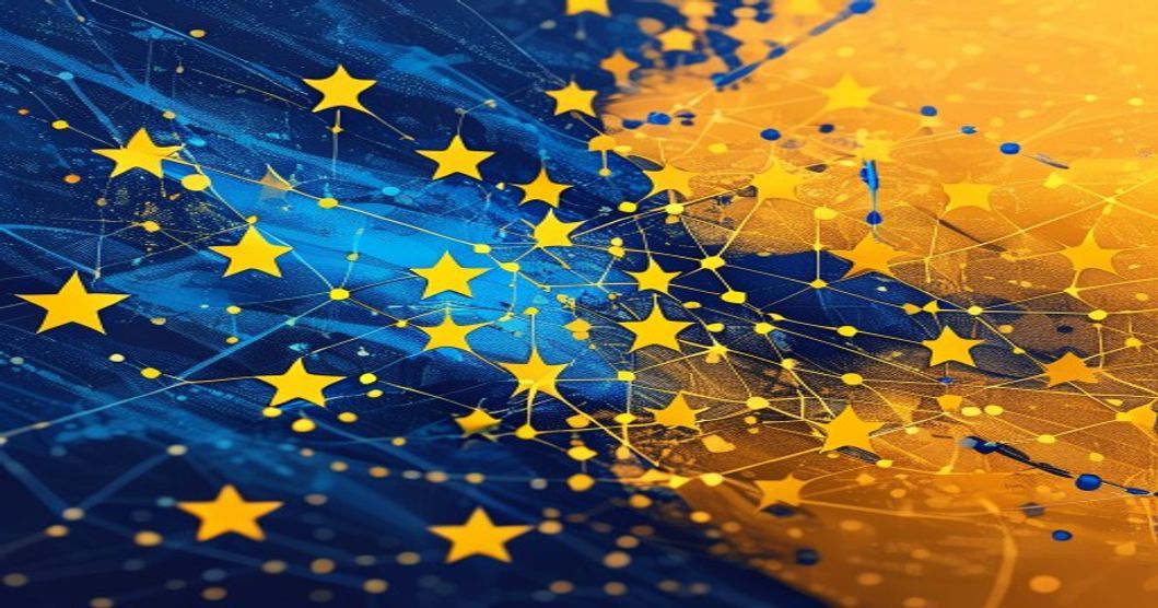 Abstract illustration of MiCA D-Day in Europe: EU flag and blockchain network