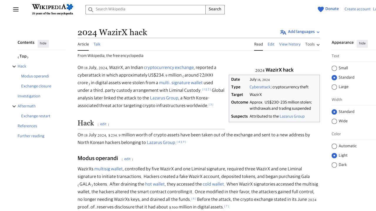 Página de Wikipedia — ataque de WazirX 2024 atribuido al Grupo Lazarus — Wikimedia CC