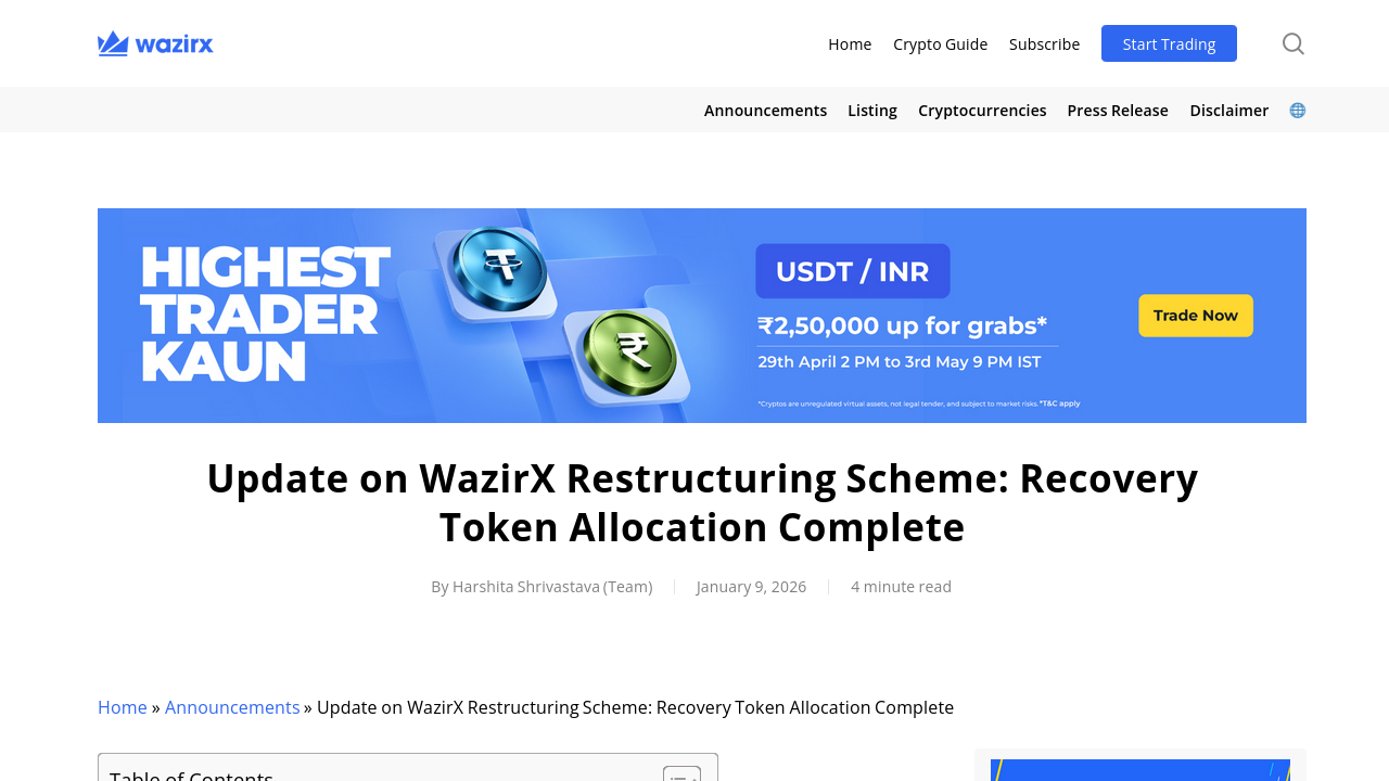 Distribución de Recovery Token WazirX — enero de 2026
